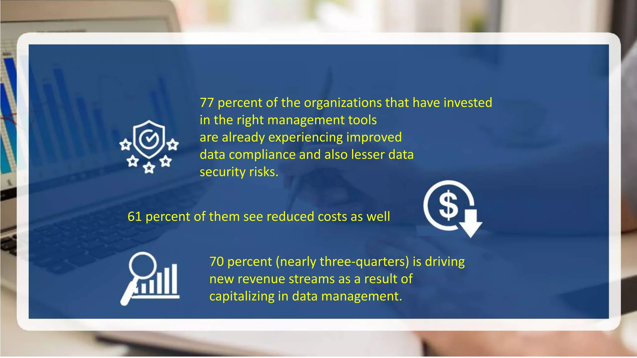 77 percent of the organizations that have invested
in the right management tools
are already experiencing improved
data compliance and also lesser data
security risks.
61 percent of them see reduced costs as well
70 percent (nearly three-quarters) is driving
new revenue streams as a result of
capitalizing in data management.
 