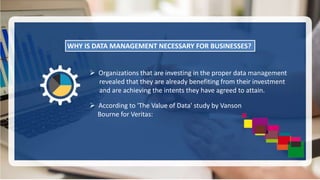 WHY IS DATA MANAGEMENT NECESSARY FOR BUSINESSES?
 Organizations that are investing in the proper data management
revealed that they are already benefiting from their investment
and are achieving the intents they have agreed to attain.
 According to 'The Value of Data' study by Vanson
Bourne for Veritas:
 