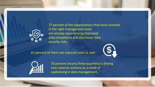 77 percent of the organizations that have invested
in the right management tools
are already experiencing improved
data compliance and also lesser data
security risks.
61 percent of them see reduced costs as well
70 percent (nearly three-quarters) is driving
new revenue streams as a result of
capitalizing in data management.
 