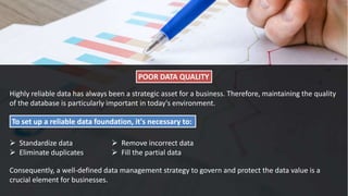 POOR DATA QUALITY
Highly reliable data has always been a strategic asset for a business. Therefore, maintaining the quality
of the database is particularly important in today's environment.
To set up a reliable data foundation, it's necessary to:
 Standardize data
 Eliminate duplicates
 Remove incorrect data
 Fill the partial data
Consequently, a well-defined data management strategy to govern and protect the data value is a
crucial element for businesses.
 