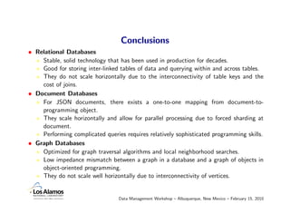 Conclusions
• Relational Databases
    Stable, solid technology that has been used in production for decades.
    Good for...