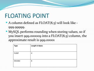 FLOATING POINT
 A column defined as FLOAT(8,5) will look like -
999.99999.
 MySQL performs rounding when storing values, so if
you insert 999.000009 into a FLOAT(8,5) column, the
approximate result is 999.00001
Type Length in Bytes
FLOAT 4
DOUBLE 8
 