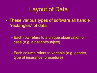 Layout of Data
• These various types of software all handle
"rectangles" of data
– Each row refers to a unique observation or
case (e.g. a patient/subject)
– Each column refers to variable (e.g. gender,
type of insurance, procedure)
 