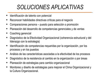 SOLUCIONES APLICATIVAS Identificación de talento con potencial Reconocer habilidades directivas críticas para el negocio Comparaciones persona – puesto para selección o promoción Planeación del desarrollo de competencias gerenciales y de ventas Coaching gerencial Diagnóstico de la Efectividad Organizacional (coherencia estructural y del liderazgo con la estrategia) Identificación de competencias requeridas por la organización, por los procesos y en los puestos Análisis de las características asociadas a la efectividad de los procesos Diagnóstico de la resistencia al cambio en la organización o por áreas Planeación de estrategias para cambio organizacional Monitoreo y diseño de estrategias para mejorar el Clima Organizacional y la Cultura Organizacional. 