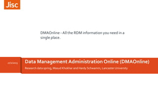 Research data spring, Masud Khokhar and Hardy Schwamm, Lancaster University
Data Management Administration Online (DMAOnline)27/2/2015
DMAOnline - All the RDM information you need in a
single place.
 
