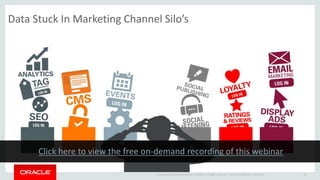 Copyright © 2014 Oracle and/or its affiliates. All rights reserved. | 10Oracle Confidential - Restricted
Data Stuck In Marketing Channel Silo’s
 