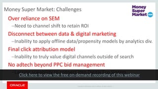 Copyright © 2014 Oracle and/or its affiliates. All rights reserved. |
Money Super Market: Challenges
Over reliance on SEM
–Need to channel shift to retain ROI
Disconnect between data & digital marketing
–Inability to apply offline data/propensity models by analytics div.
Final click attribution model
–Inability to truly value digital channels outside of search
No adtech beyond PPC bid management
–Lacking scalability to connect into Digital Eco System
 