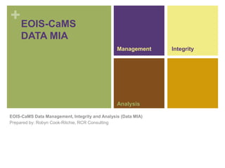 +EOIS-CaMS
DATA MIA
EOIS-CaMS Data Management, Integrity and Analysis (Data MIA)
Prepared by: Robyn Cook-Ritchie, RCR Consulting
Management Integrity
Analysis
 