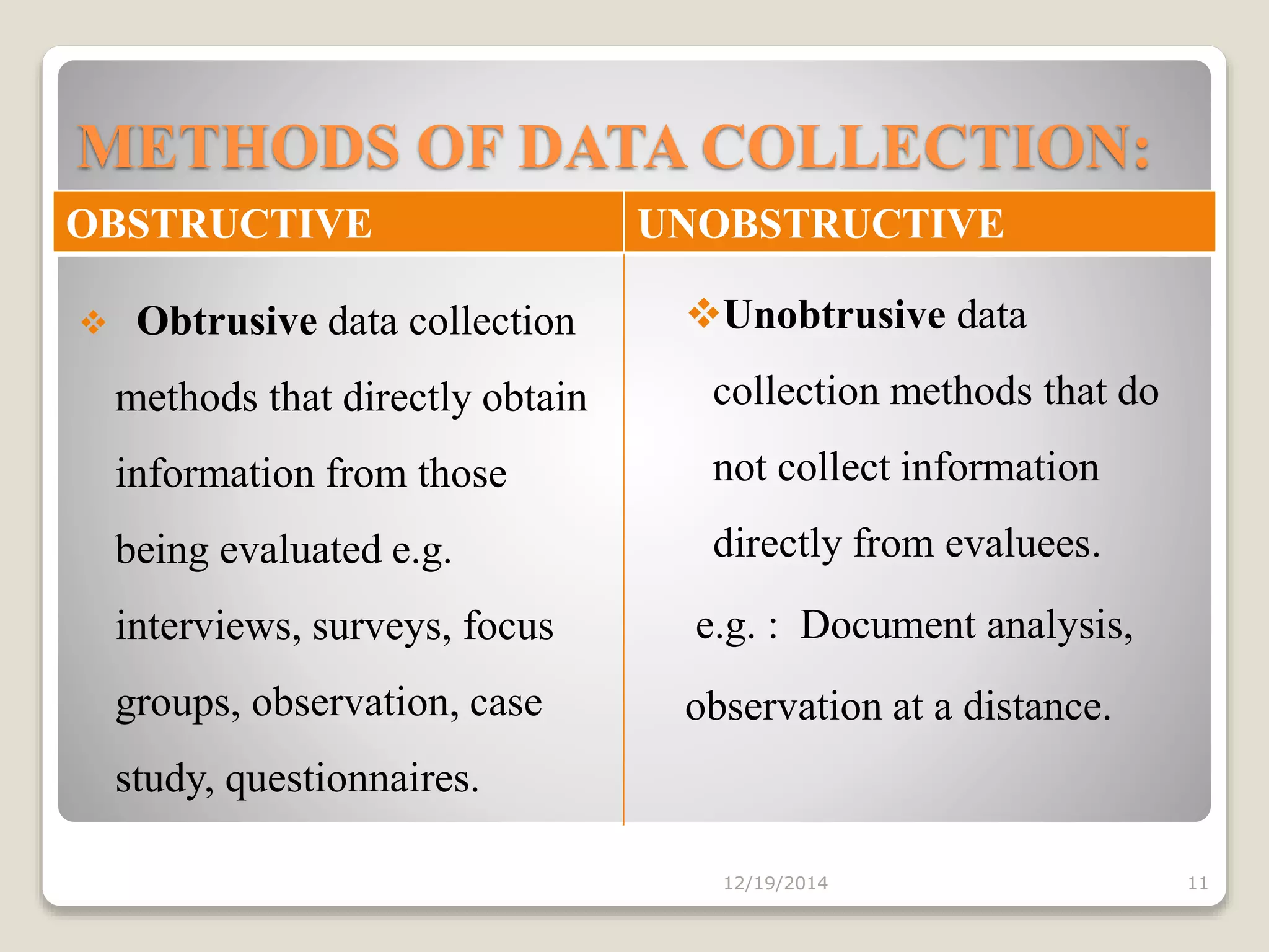 METHODS OF DATA COLLECTION:
OBSTRUCTIVE UNOBSTRUCTIVE
12/19/2014 11
 Obtrusive data collection
methods that directly obtain
information from those
being evaluated e.g.
interviews, surveys, focus
groups, observation, case
study, questionnaires.
Unobtrusive data
collection methods that do
not collect information
directly from evaluees.
e.g. : Document analysis,
observation at a distance.
 