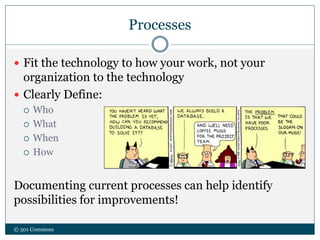 Processes
 Fit the technology to how your work, not your
organization to the technology
 Clearly Define:
 Who
 What
 When
 How
Documenting current processes can help identify
possibilities for improvements!
© 501 Commons
 