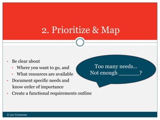 • Be clear about
• Where you want to go, and
• What resources are available
• Document specific needs and
know order of importance
• Create a functional requirements outline
2. Prioritize & Map
© 501 Commons
Too many needs…
Not enough ______?
 