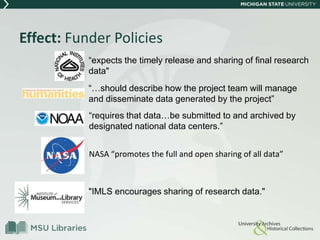 Effect: Funder Policies
NASA “promotes the full and open sharing of all data”
“requires that data…be submitted to and archived by
designated national data centers.”
“expects the timely release and sharing of final research
data"
"IMLS encourages sharing of research data."
“…should describe how the project team will manage
and disseminate data generated by the project”
 