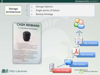 o Storage Options
o Single points of failure
o Backup Strategy
Storage
Architecture
File Storage
File System
File Format
File Content
 