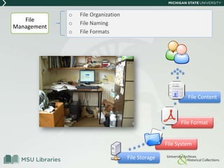 o File Organization
o File Naming
o File Formats
File
Management
File Storage
File System
File Format
File Content
 