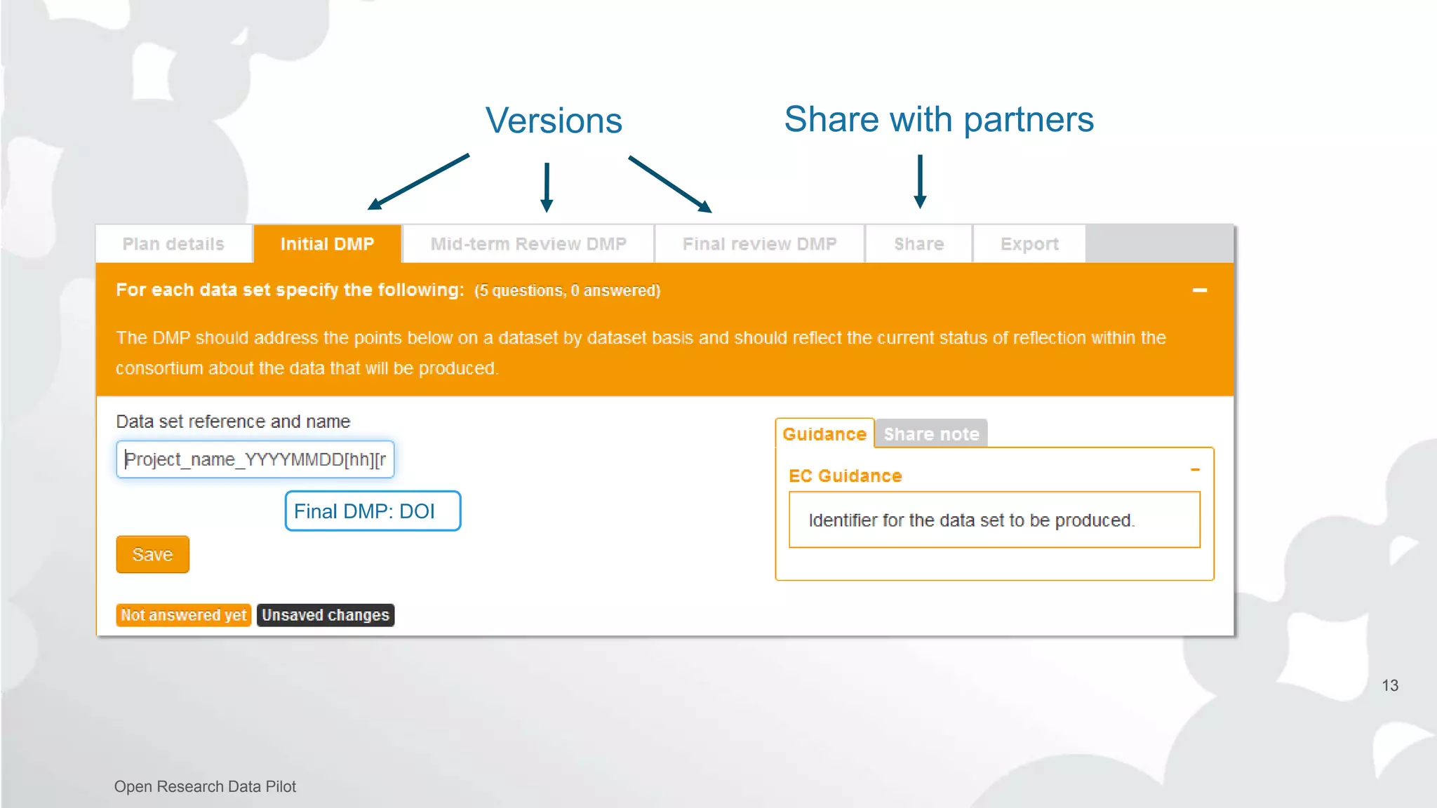 13
Open Research Data Pilot
13
Final DMP: DOI
Versions Share with partners
 