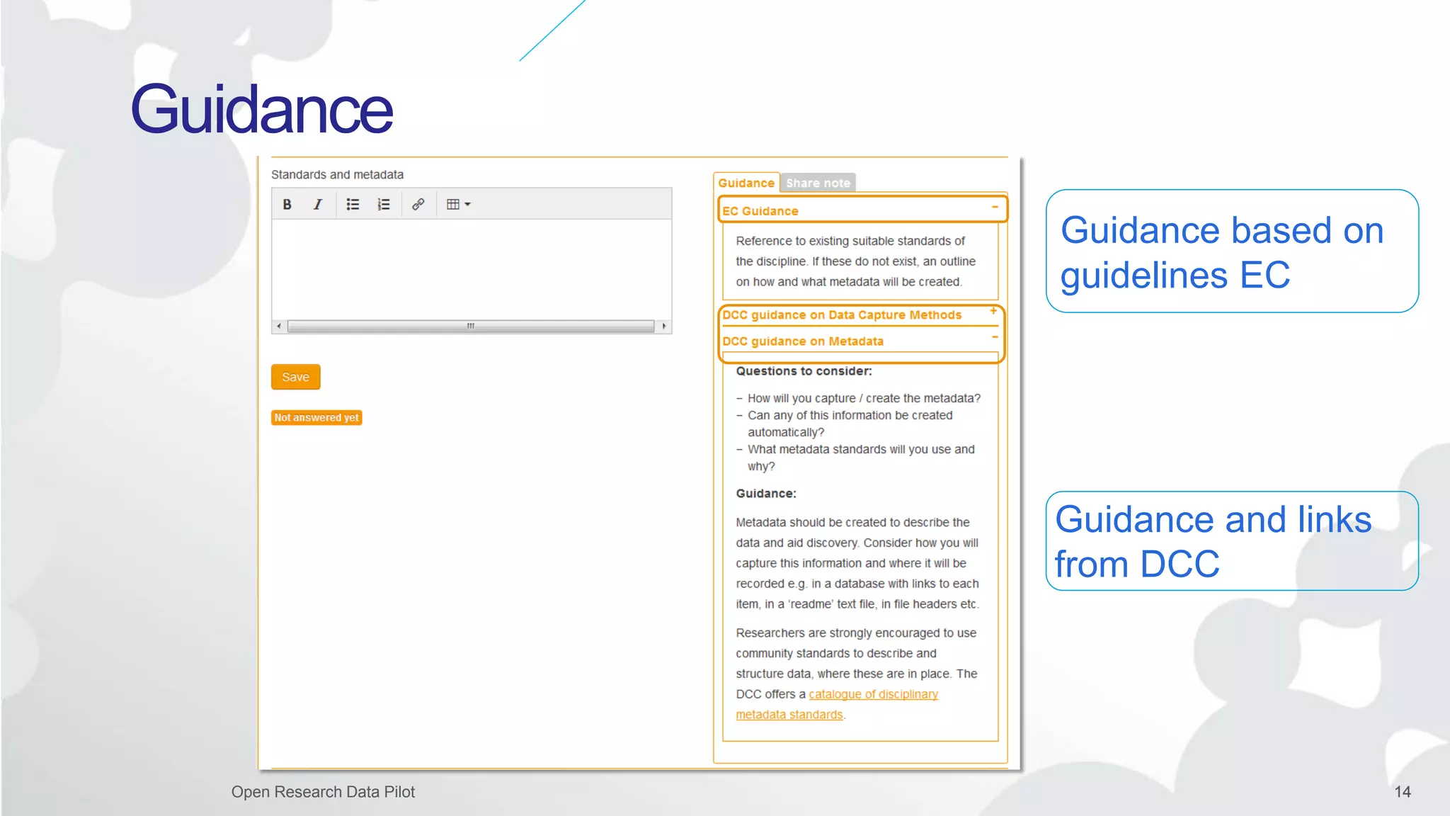 14Open Research Data Pilot 14
Guidance
Guidance based on
guidelines EC
Guidance and links
from DCC
 