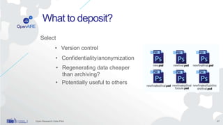 27
What to deposit?
Open Research Data Pilot
Select
• Confidentiality/anonymization
• Regenerating data cheaper
than archi...