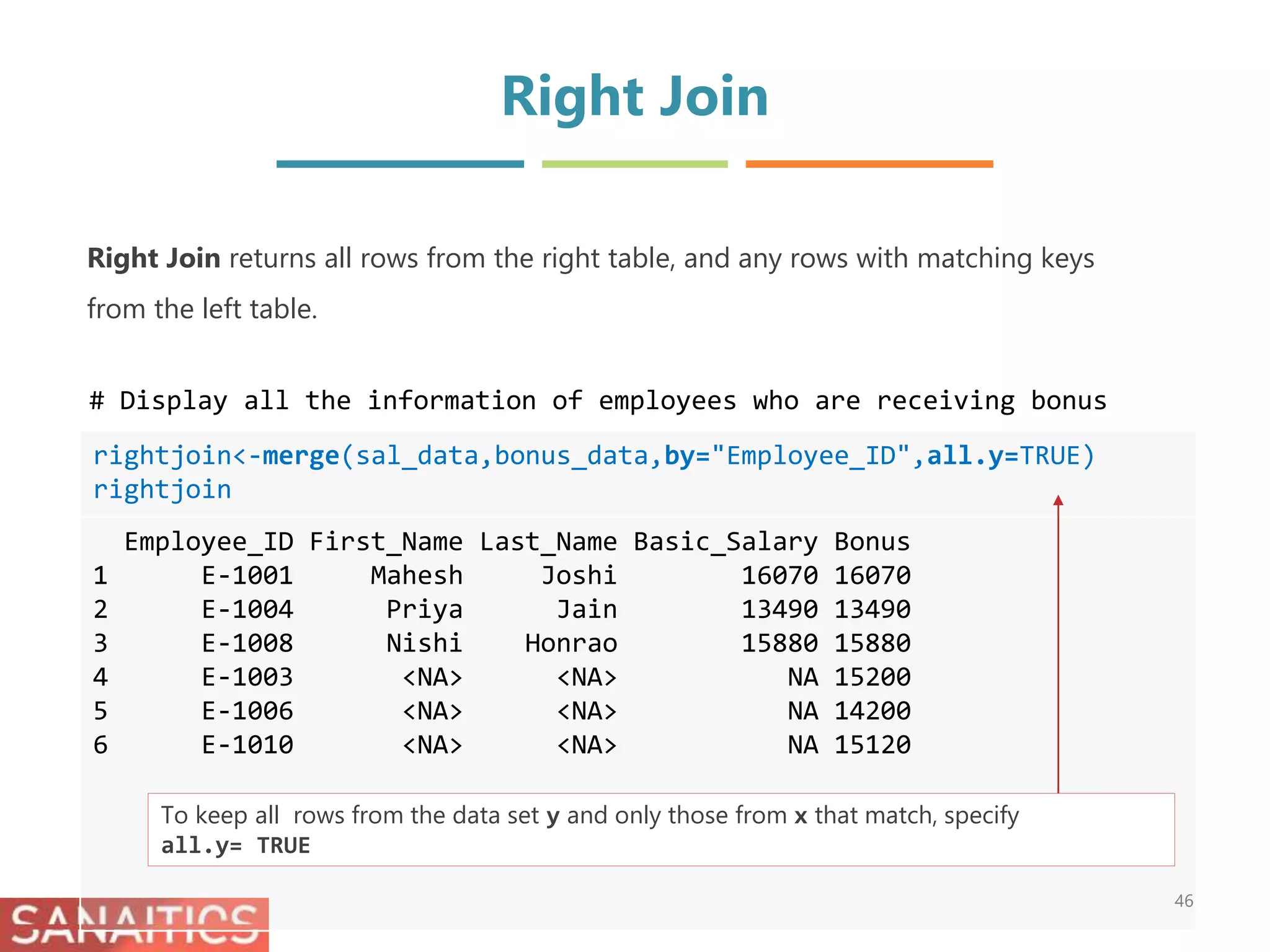 Right Join
rightjoin<-merge(sal_data,bonus_data,by="Employee_ID",all.y=TRUE)
rightjoin
Employee_ID First_Name Last_Name Basic_Salary Bonus
1 E-1001 Mahesh Joshi 16070 16070
2 E-1004 Priya Jain 13490 13490
3 E-1008 Nishi Honrao 15880 15880
4 E-1003 <NA> <NA> NA 15200
5 E-1006 <NA> <NA> NA 14200
6 E-1010 <NA> <NA> NA 15120
Right Join returns all rows from the right table, and any rows with matching keys
from the left table.
# Display all the information of employees who are receiving bonus
To keep all rows from the data set y and only those from x that match, specify
all.y= TRUE
46
 