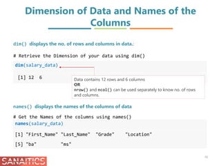 Dimension of Data and Names of the
Columns
dim(salary_data)
[1] 12 6
dim() displays the no. of rows and columns in data.:
# Retrieve the Dimension of your data using dim()
Data contains 12 rows and 6 columns
OR
nrow() and ncol() can be used separately to know no. of rows
and columns.
names(salary_data)
[1] "First_Name" "Last_Name" "Grade" "Location"
[5] "ba" "ms"
# Get the Names of the columns using names()
10
names() displays the names of the columns of data
 