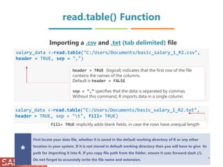 salary_data <-read.table("C:/Users/Documents/basic_salary_1_R2.csv",
header = TRUE, sep = ",")
read.table() Function
Importing a .csv and .txt (tab delimited) file
header = TRUE (logical) indicates that the first row of the file
contains the names of the columns.
Default is header = FALSE
sep = ”,” specifies that the data is separated by commas.
Without this command, R imports data in a single column.
salary_data <-read.table("C:/Users/Documents/basic_salary_1_R2.txt",
header = TRUE, sep = "t", fill= TRUE)
First locate your data file, whether it is saved in the default working directory of R or any other
location in your system. If it is not stored in default working directory then you will have to give its
path for importing it into R. If you copy file path from the folder, ensure it uses forward slash (/).
Do not forget to accurately write the file name and extension.
*
fill= TRUE implicitly adds blank fields, in case the rows have unequal length
4
 