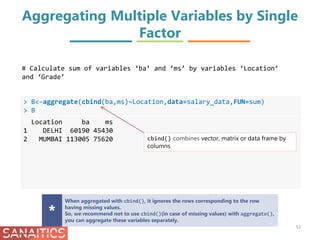 Aggregating Multiple Variables by Single
Factor
> B<-aggregate(cbind(ba,ms)~Location,data=salary_data,FUN=sum)
> B
Location ba ms
1 DELHI 60190 45430
2 MUMBAI 113005 75620
# Calculate sum of variables ‘ba’ and ‘ms’ by variables ‘Location’
and ‘Grade’
cbind() combines vector, matrix or data frame by
columns
When aggregated with cbind(), it ignores the rows corresponding to the row
having missing values.
So, we recommend not to use cbind()(in case of missing values) with aggregate(),
you can aggregate these variables separately.
*
53
 