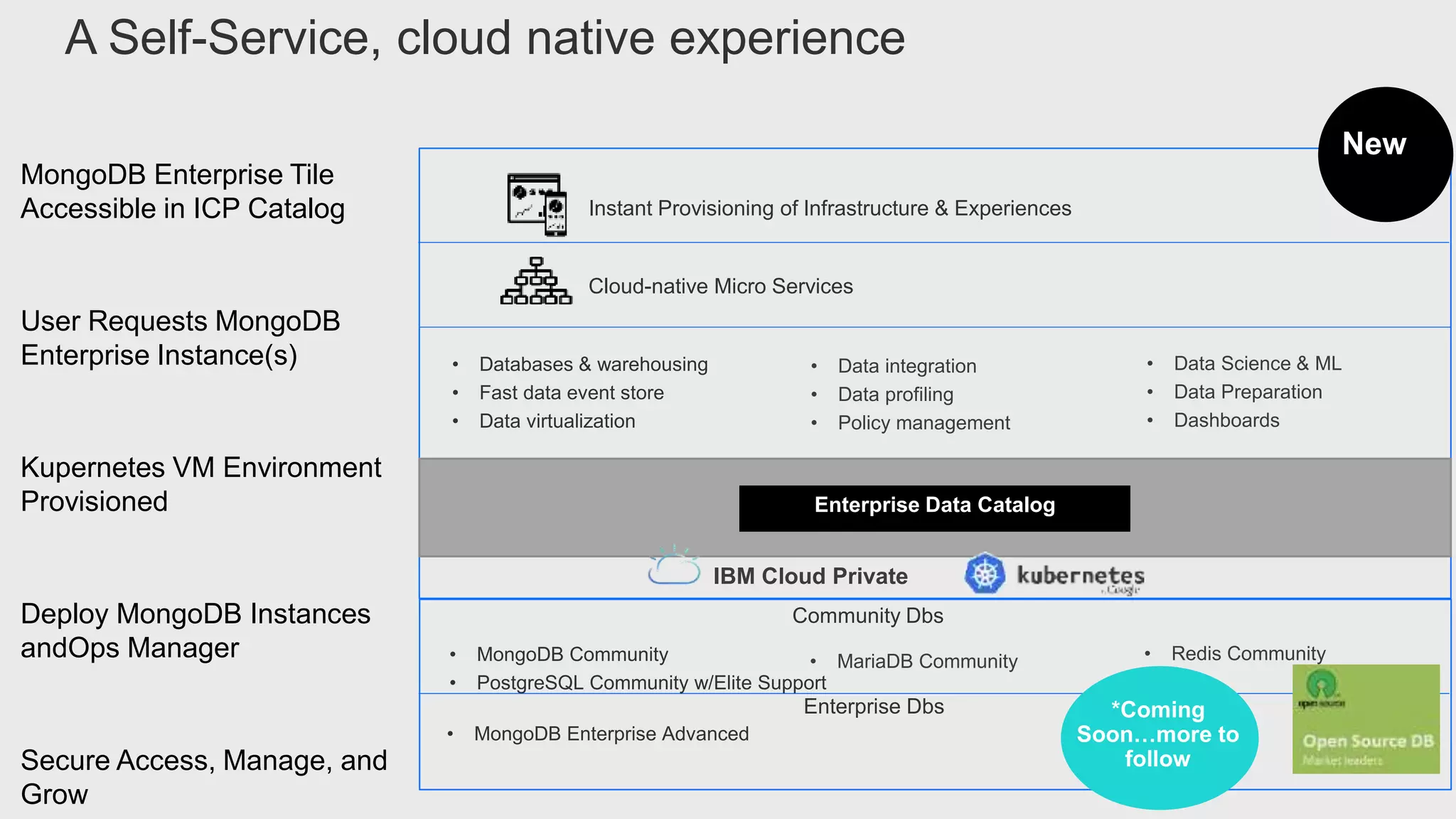 Cloud-native Micro Services
Instant Provisioning of Infrastructure & Experiences
• Data Science & ML
• Data Preparation
• Dashboards
New
Enterprise Data Catalog
IBM Cloud Private
• Data integration
• Data profiling
• Policy management
• Databases & warehousing
• Fast data event store
• Data virtualization
A Self-Service, cloud native experience
Enterprise Dbs
Community Dbs
• Redis Community• MariaDB Community• MongoDB Community
• PostgreSQL Community w/Elite Support
• MongoDB Enterprise Advanced
*Coming
Soon…more to
follow
MongoDB Enterprise Tile
Accessible in ICP Catalog
User Requests MongoDB
Enterprise Instance(s)
Kupernetes VM Environment
Provisioned
Deploy MongoDB Instances
andOps Manager
Secure Access, Manage, and
Grow
 