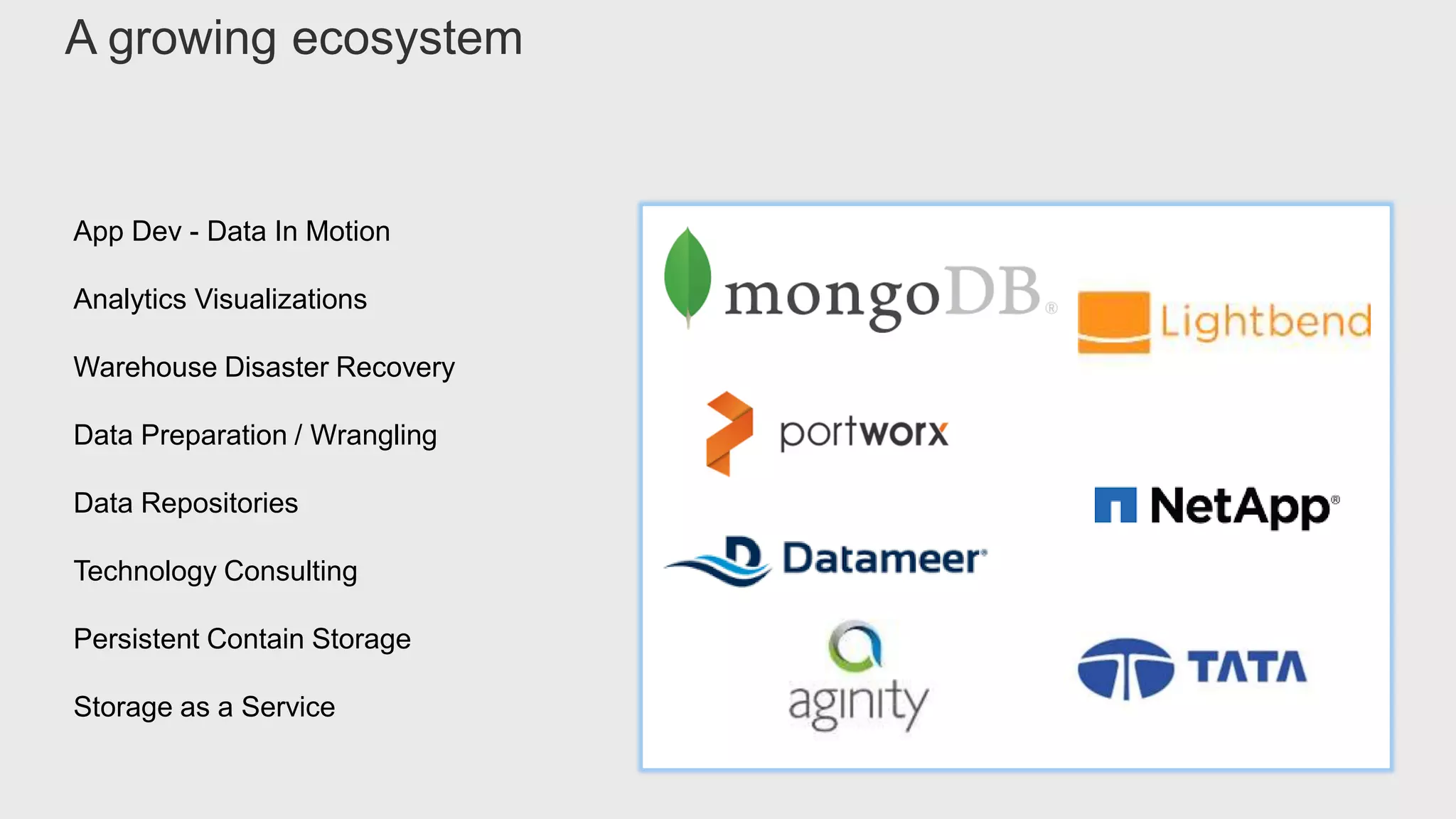 App Dev - Data In Motion
Analytics Visualizations
Warehouse Disaster Recovery
Data Preparation / Wrangling
Data Repositories
Technology Consulting
Persistent Contain Storage
Storage as a Service
A growing ecosystem
 