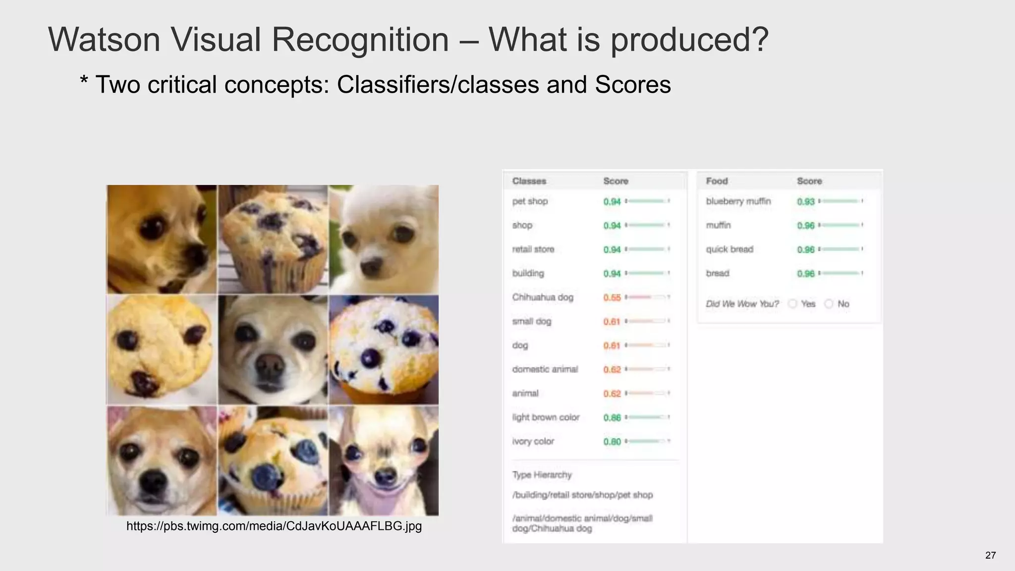 27
* Two critical concepts: Classifiers/classes and Scores
https://pbs.twimg.com/media/CdJavKoUAAAFLBG.jpg
Watson Visual Recognition – What is produced?
 