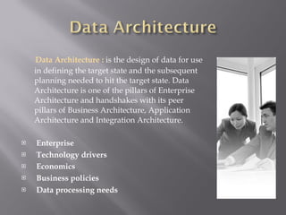 Data Architecture :  is the design of data for use in defining the target state and the subsequent planning needed to hit the target state. Data Architecture is one of the pillars of Enterprise Architecture and handshakes with its peer pillars of Business Architecture, Application Architecture and Integration Architecture. Enterprise Technology drivers   Economics Business policies   Data processing needs   