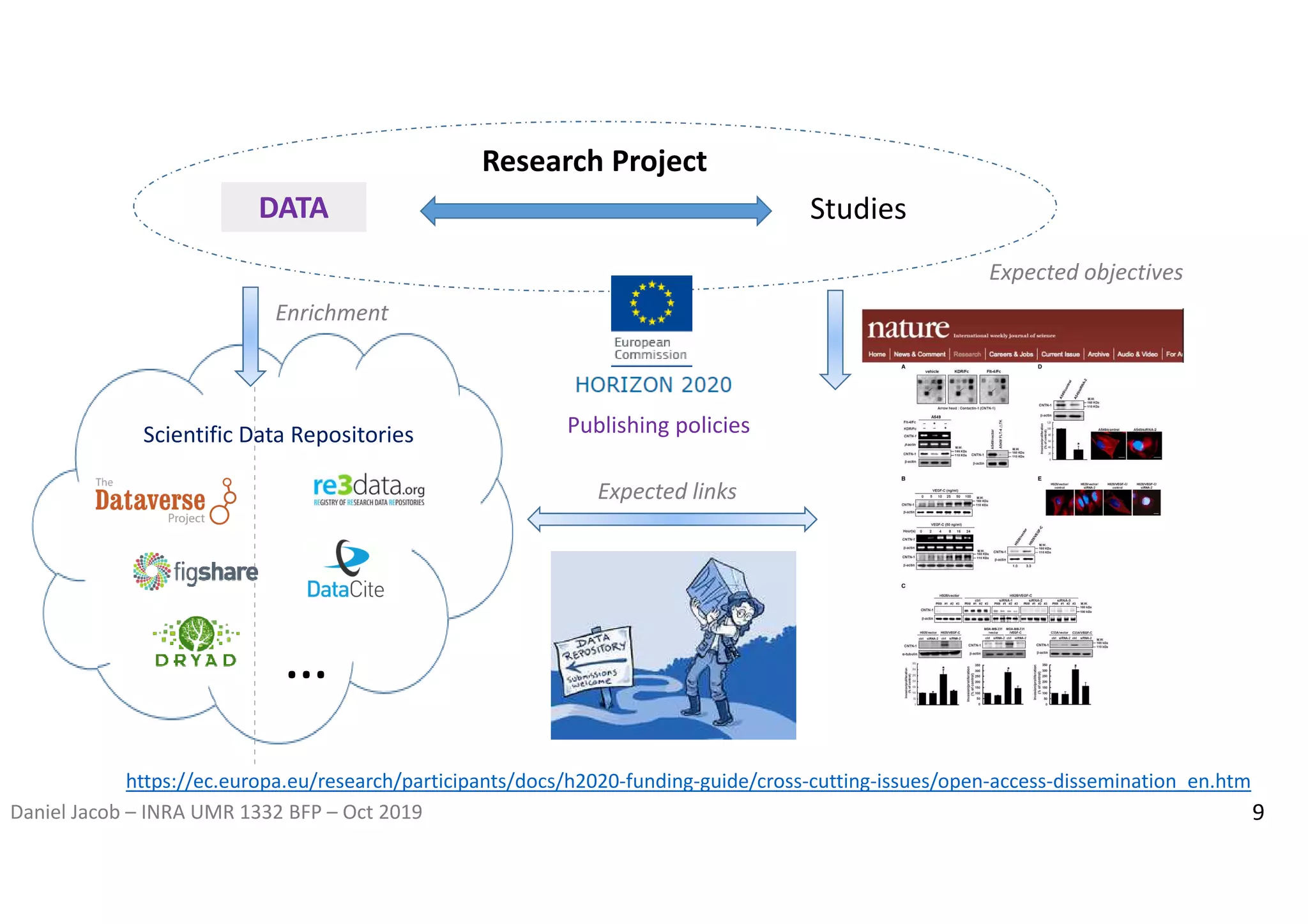 Daniel Jacob – INRA UMR 1332 BFP – Oct 2019
Expected objectives
Scientific Data Repositories
Enrichment
Expected links
DATA Studies
Publishing policies
…
9
https://ec.europa.eu/research/participants/docs/h2020-funding-guide/cross-cutting-issues/open-access-dissemination_en.htm
Research Project
 