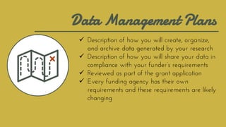 Data Management Plans
 Description of how you will create, organize,
and archive data generated by your research
 Descri...