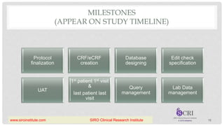MILESTONES
(APPEAR ON STUDY TIMELINE)
15
Protocol
finalization
CRF/eCRF
creation
Database
designing
Edit check
specification
UAT
1st patient 1st visit
&
last patient last
visit
Query
management
Lab Data
management
www.siroinstitute.com SIRO Clinical Research Institute
 