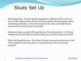 • Monitoring Plan: Provides detailed guidelines to Monitor/CRA on how to
review CRFs and provides reference to Study specific monitoring plan where
monitoring method(s), intervals between on-site visits, and other details
associated with monitoring are provided.
• Database design manual/eCRF specification: Provides guidance to Clinical
Programmers by the DM on the Edit Checks for each data point on the CRF
• Edit Check Specifications: Describes all checks (manual and electronic) that
will be applied to the study data to ensure that data is fit for reporting
purposes
Study Set Up
11 2/21/2017Katalyst Healthcares & Life Sciences
 