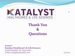 Thank You
&
Questions
2/21/2017
30
Contact:
Katalyst Healthcare’s & Life Sciences
South Plainfield, NJ, USA 07080.
E-Mail: info@KatalystHLS.com
 