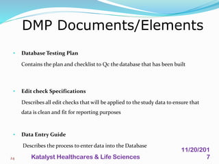 • Database Testing Plan
Contains the plan and checklist to Qc the database that has been built
• Edit check Specifications
Describes all edit checks that will be applied to the study data to ensure that
data is clean and fit for reporting purposes
• Data Entry Guide
Describes the process to enter data into the Database
DMP Documents/Elements
24
11/20/201
7Katalyst Healthcares & Life Sciences
 