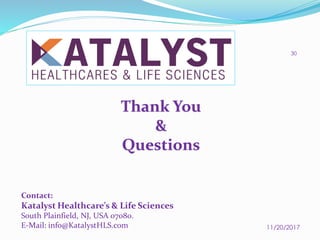 Thank You
&
Questions
11/20/2017
30
Contact:
Katalyst Healthcare’s & Life Sciences
South Plainfield, NJ, USA 07080.
E-Mail: info@KatalystHLS.com
 