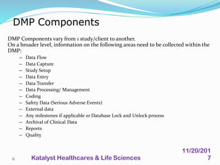 DMP Components vary from 1 study/client to another.
On a broader level, information on the following areas need to be collected within the
DMP:
— Data Flow
— Data Capture
— Study Setup
— Data Entry
— Data Transfer
— Data Processing/ Management
— Coding
— Safety Data (Serious Adverse Events)
— External data
— Any milestones if applicable or Database Lock and Unlock process
— Archival of Clinical Data
— Reports
— Quality
DMP Components
6
11/20/201
7Katalyst Healthcares & Life Sciences
 