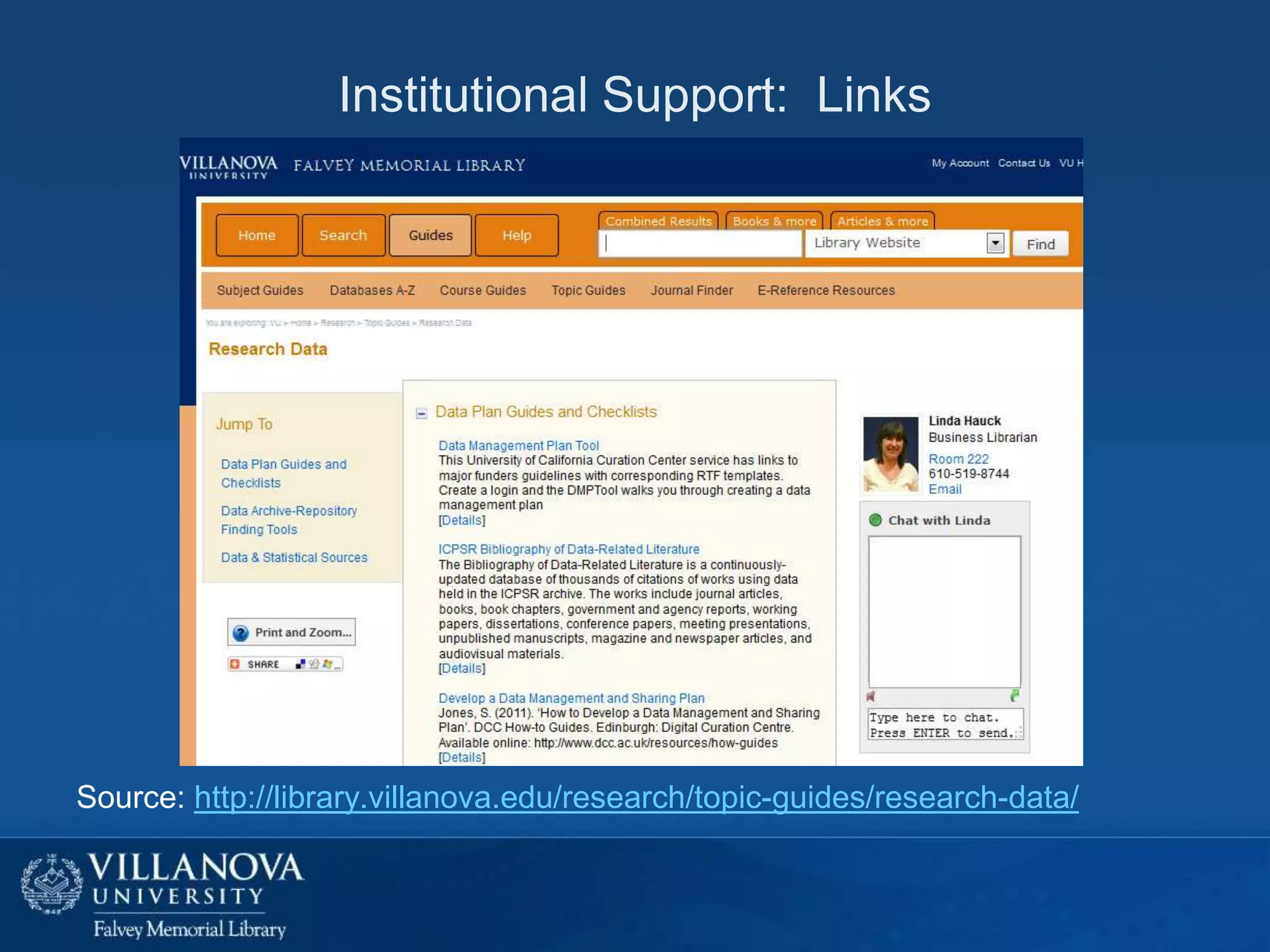 Institutional Support: Links

Source: http://library.villanova.edu/research/topic-guides/research-data/

 