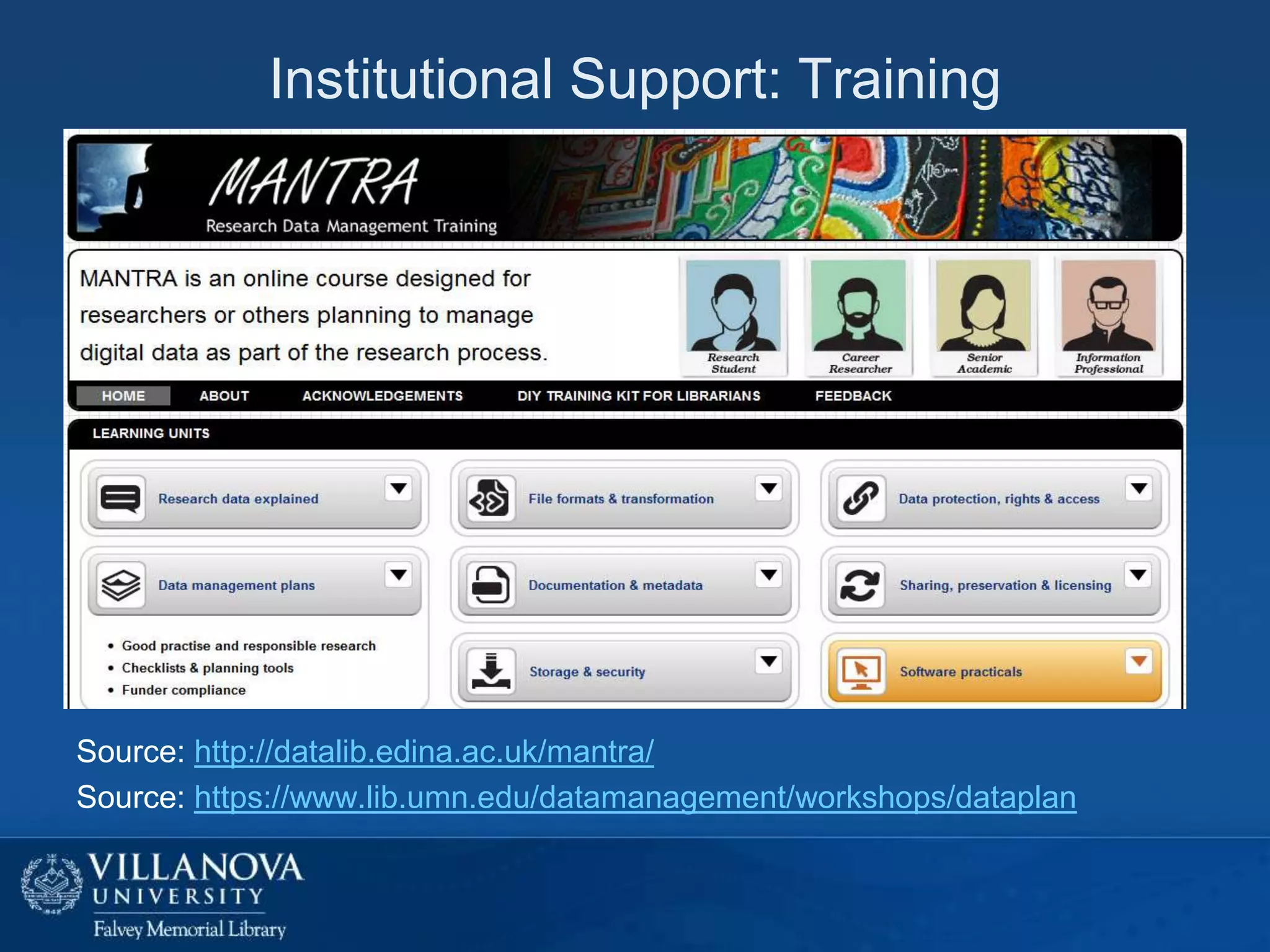 Institutional Support: Training

Source: http://datalib.edina.ac.uk/mantra/
Source: https://www.lib.umn.edu/datamanagement/workshops/dataplan

 