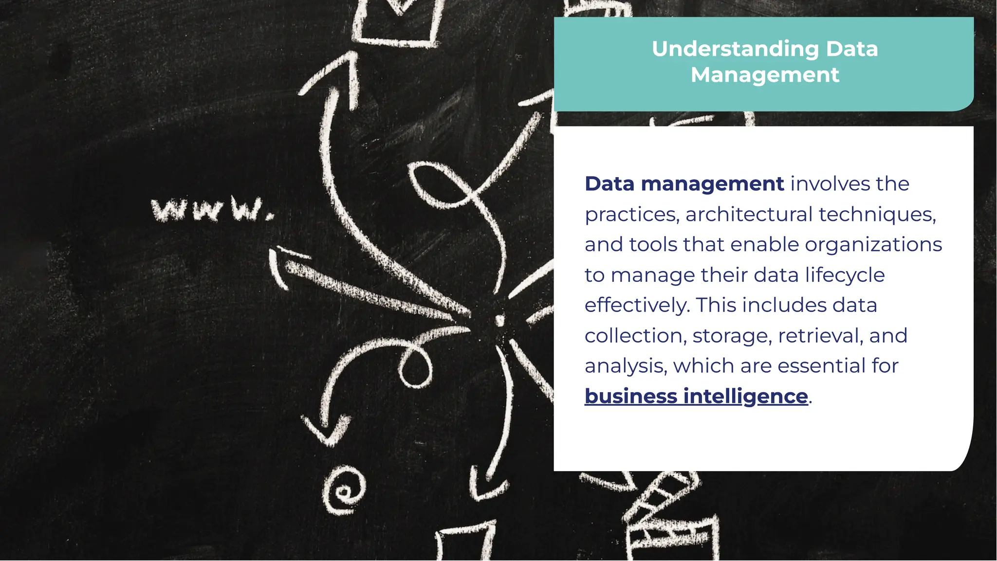 Understanding Data
Management
Understanding Data
Management
Data management involves the
practices, architectural techniques,
and tools that enable organizations
to manage their data lifecycle
effectively. This includes data
collection, storage, retrieval, and
analysis, which are essential for
business intelligence.
Data management involves the
practices, architectural techniques,
and tools that enable organizations
to manage their data lifecycle
effectively. This includes data
collection, storage, retrieval, and
analysis, which are essential for
business intelligence.
 