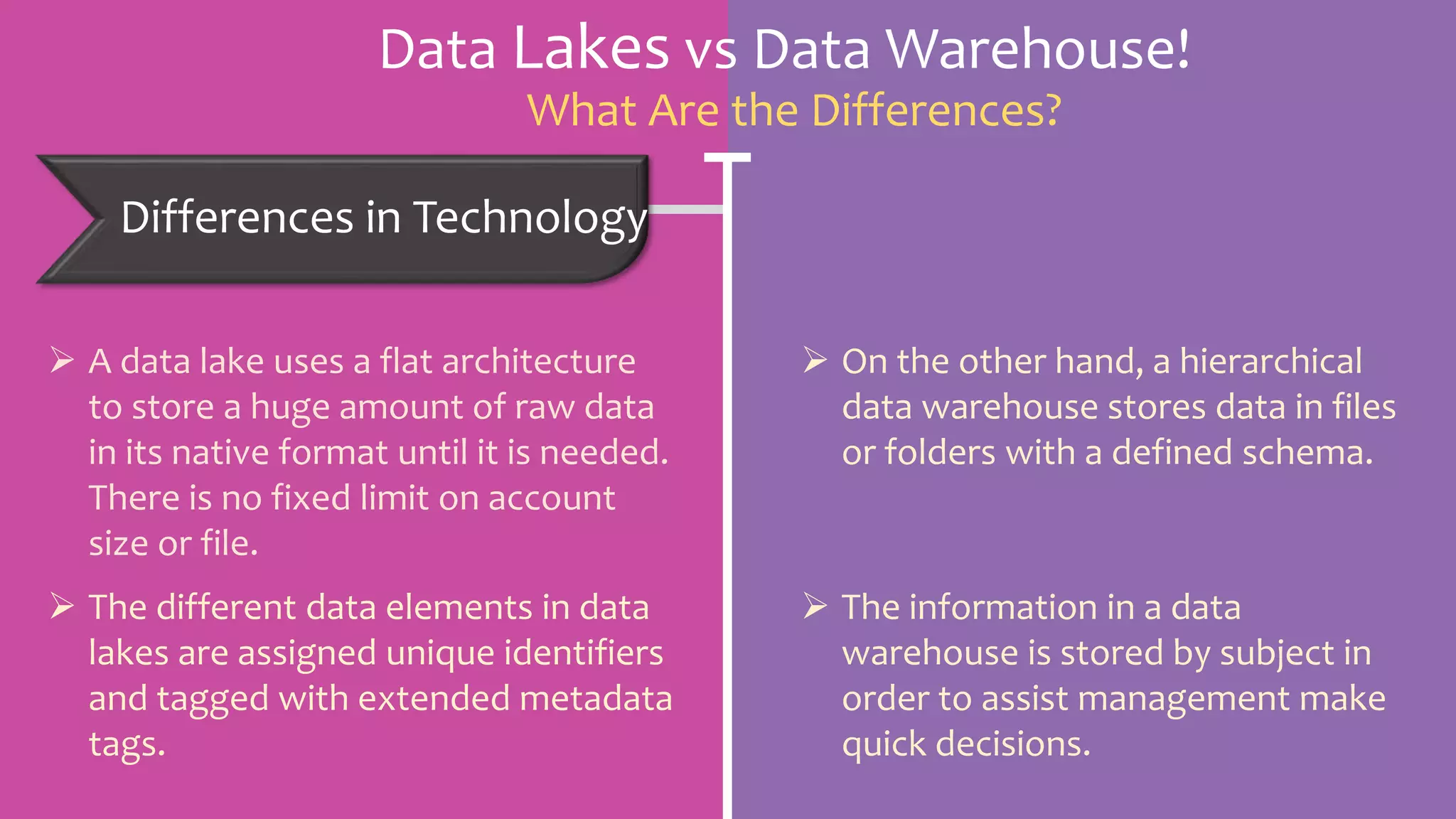 Data Lakes vs Data Warehouse!
What Are the Differences?
Differences in Technology
 A data lake uses a flat architecture
to store a huge amount of raw data
in its native format until it is needed.
There is no fixed limit on account
size or file.
 The different data elements in data
lakes are assigned unique identifiers
and tagged with extended metadata
tags.
 On the other hand, a hierarchical
data warehouse stores data in files
or folders with a defined schema.
 The information in a data
warehouse is stored by subject in
order to assist management make
quick decisions.
 