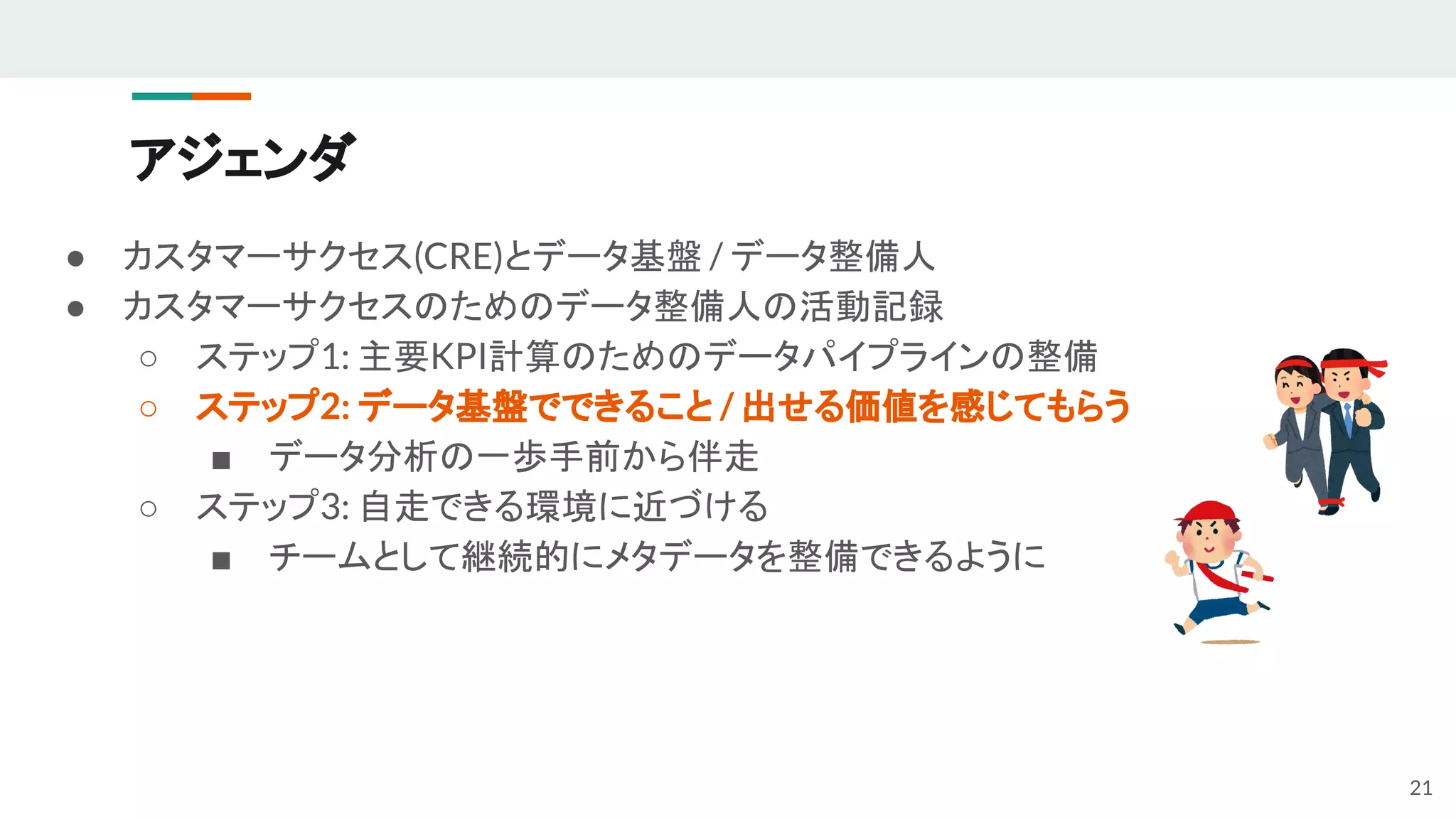 アジェンダ
● カスタマーサクセス(CRE)とデータ基盤 / データ整備人
● カスタマーサクセスのためのデータ整備人の活動記録
○ ステップ1: 主要KPI計算のためのデータパイプラインの整備
○ ステップ2: データ基盤でできること / 出せる価値を感じてもらう
■ データ分析の一歩手前から伴走
○ ステップ3: 自走できる環境に近づける
■ チームとして継続的にメタデータを整備できるように
21
 