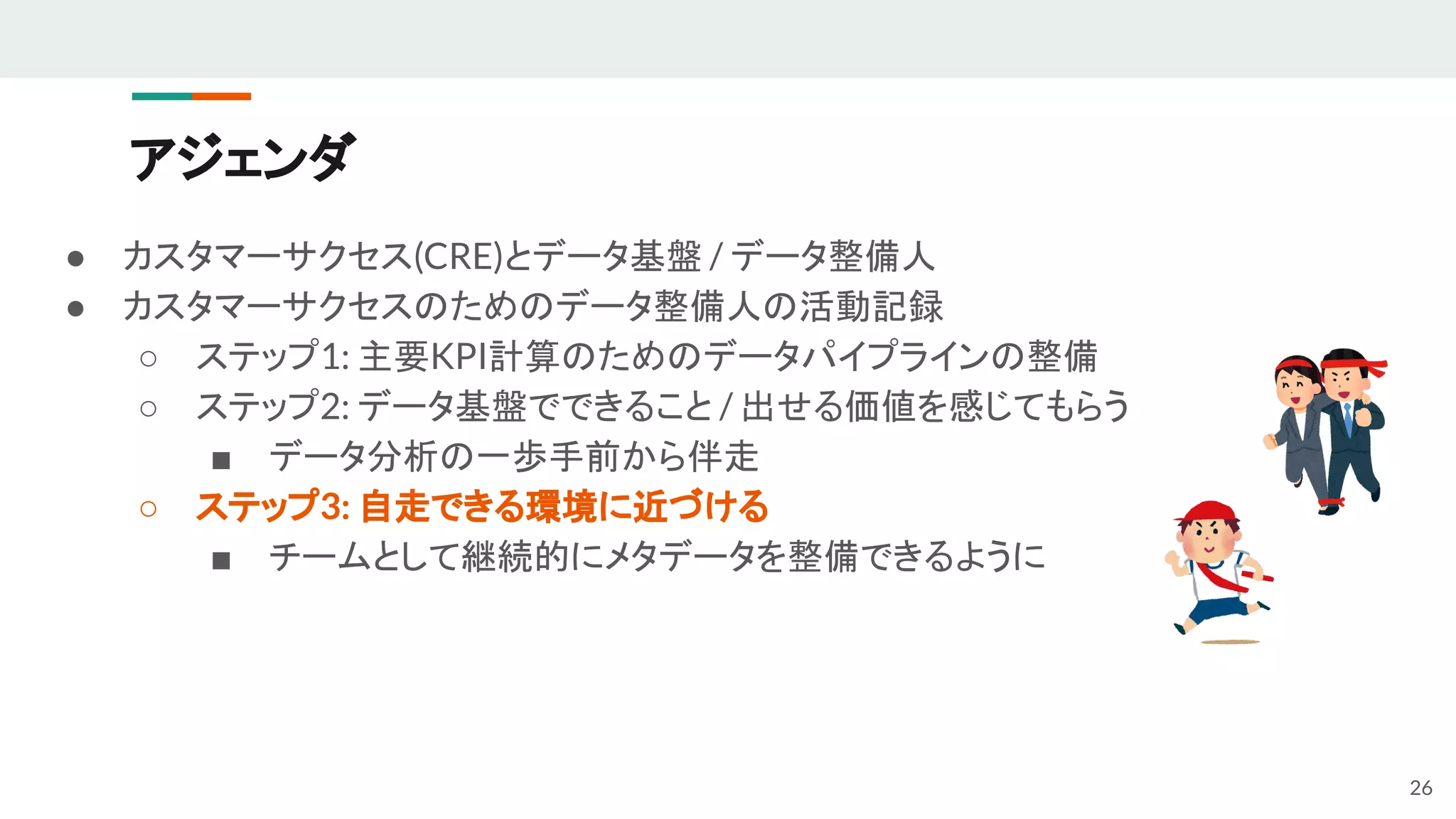 アジェンダ
● カスタマーサクセス(CRE)とデータ基盤 / データ整備人
● カスタマーサクセスのためのデータ整備人の活動記録
○ ステップ1: 主要KPI計算のためのデータパイプラインの整備
○ ステップ2: データ基盤でできること / 出せる価値を感じてもらう
■ データ分析の一歩手前から伴走
○ ステップ3: 自走できる環境に近づける
■ チームとして継続的にメタデータを整備できるように
26
 