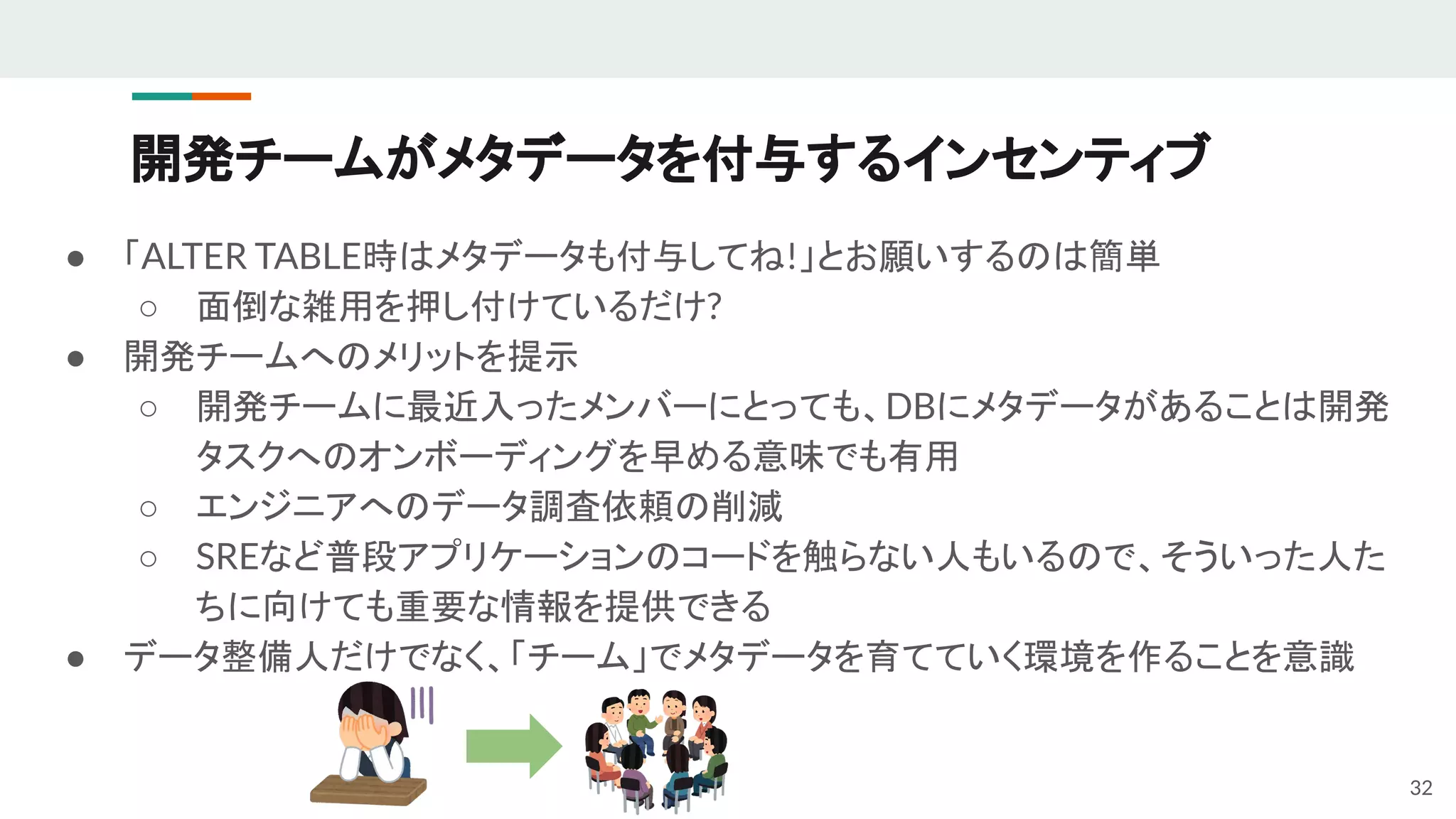 開発チームがメタデータを付与するインセンティブ
● 「ALTER TABLE時はメタデータも付与してね!」とお願いするのは簡単
○ 面倒な雑用を押し付けているだけ?
● 開発チームへのメリットを提示
○ 開発チームに最近入ったメンバーにとっても、DBにメタデータがあることは開発
タスクへのオンボーディングを早める意味でも有用
○ エンジニアへのデータ調査依頼の削減
○ SREなど普段アプリケーションのコードを触らない人もいるので、そういった人た
ちに向けても重要な情報を提供できる
● データ整備人だけでなく、「チーム」でメタデータを育てていく環境を作ることを意識
32
 