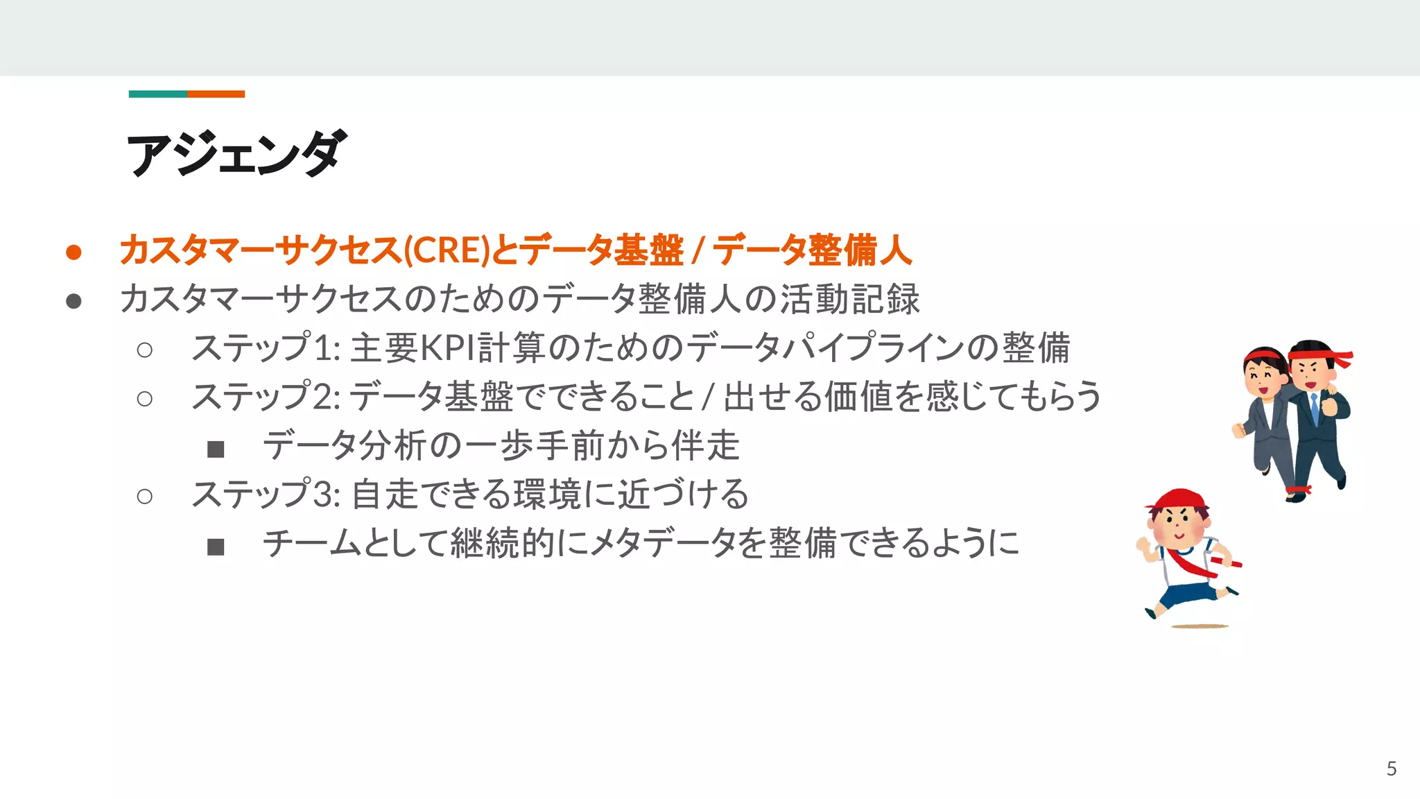アジェンダ
● カスタマーサクセス(CRE)とデータ基盤 / データ整備人
● カスタマーサクセスのためのデータ整備人の活動記録
○ ステップ1: 主要KPI計算のためのデータパイプラインの整備
○ ステップ2: データ基盤でできること / 出せる価値を感じてもらう
■ データ分析の一歩手前から伴走
○ ステップ3: 自走できる環境に近づける
■ チームとして継続的にメタデータを整備できるように
5
 