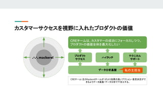 カスタマーサクセスを視野に入れたプロダクトの価値
CREチームは、カスタマーの成功にフォーカスしつつ、
プロダクトの価値全体を最大化したい
プロダクト
サクセス
ハイタッチ
テクニカル
サポート
データ分析基盤
CREチーム（広くMackerelチームが）がより効果の高いアクション・意思決定がで
きるようデータ基盤/ データ分析で下支えする。
私の主担当
 