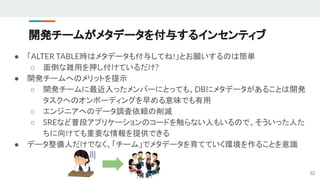 開発チームがメタデータを付与するインセンティブ
● 「ALTER TABLE時はメタデータも付与してね!」とお願いするのは簡単
○ 面倒な雑用を押し付けているだけ?
● 開発チームへのメリットを提示
○ 開発チームに最近入ったメンバーにとっても、DBにメタデータがあることは開発
タスクへのオンボーディングを早める意味でも有用
○ エンジニアへのデータ調査依頼の削減
○ SREなど普段アプリケーションのコードを触らない人もいるので、そういった人た
ちに向けても重要な情報を提供できる
● データ整備人だけでなく、「チーム」でメタデータを育てていく環境を作ることを意識
32
 