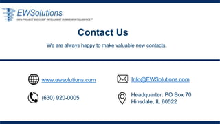 Info@EWSolutions.com
Email us: Info@EWSolutions.Com
Call us: (630) 920-0005
www.ewsolutions.com
(630) 920-0005
Headquarter: PO Box 70
Hinsdale, IL 60522
Contact Us
We are always happy to make valuable new contacts.