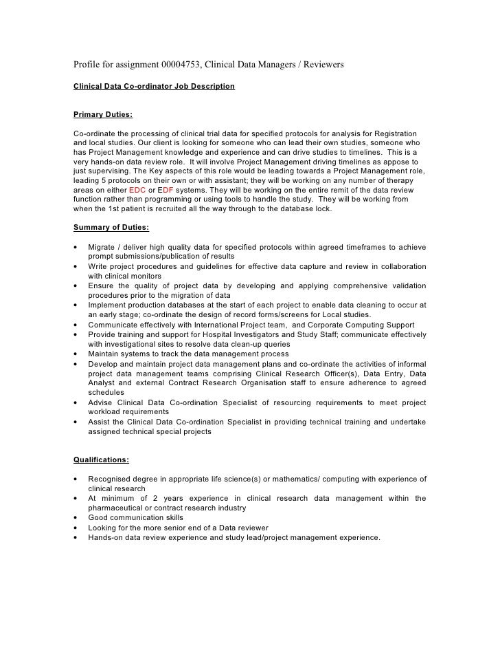 clinical data co ordinator job description data manager