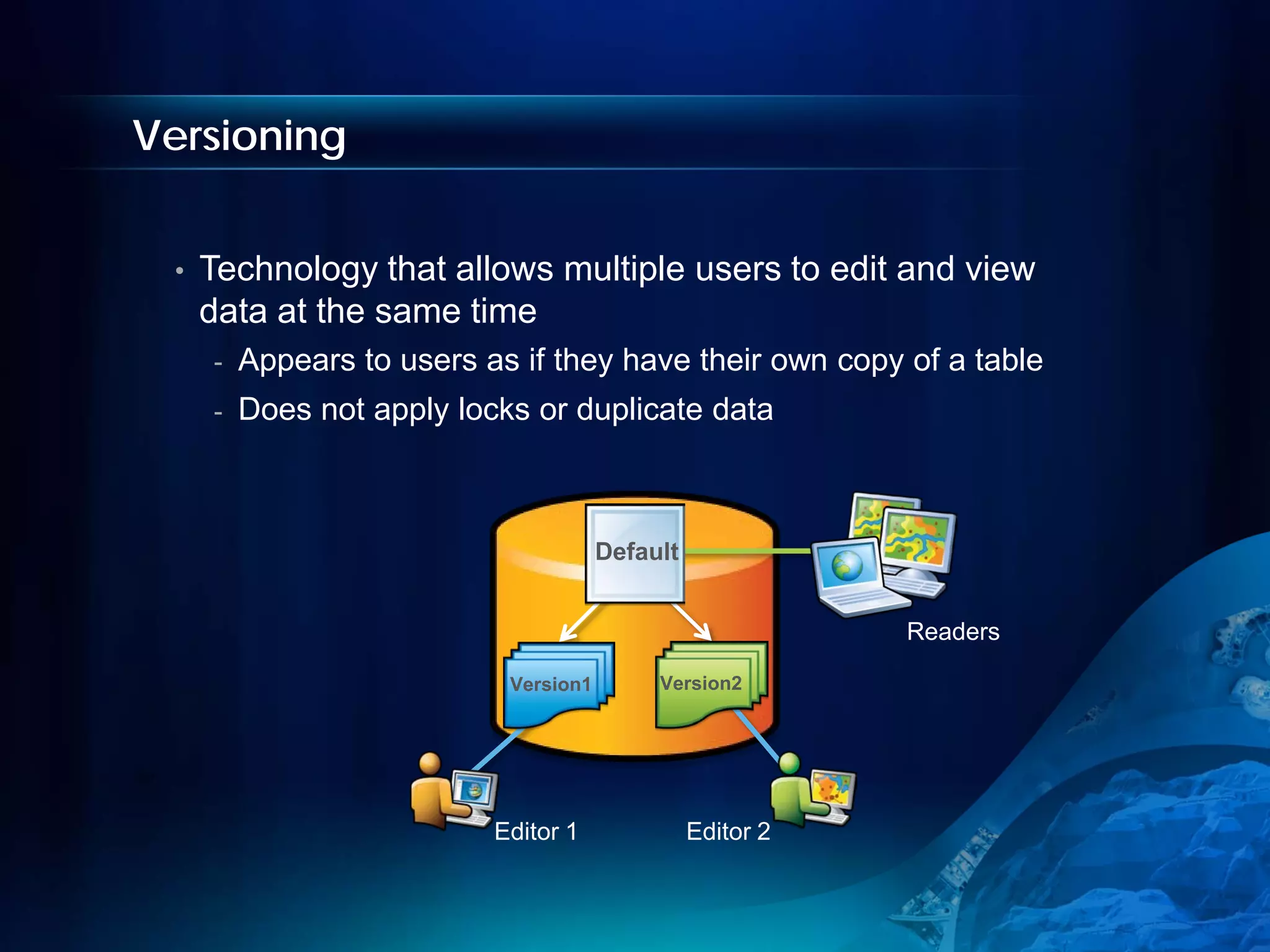 Versioning


 •   Technology that allows multiple users to edit and view
     data at the same time
     -   Appears to users as if they have their own copy of a table
     -   Does not apply locks or duplicate data



                                       Default


                                                            Readers

                            Version1        Version2




                           Editor 1              Editor 2
 